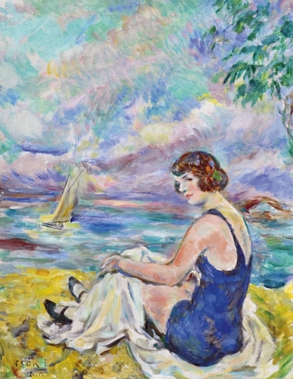 Csók István (1865-1961) Balatonaligai strandon (Balatoni táj fürdőző nővel)