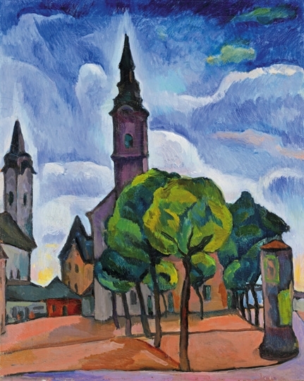 Perlrott-Csaba Vilmos (1880-1955) Small-town view with a tower, an advertising pillar and trees (Kecskemét)