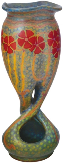 Zsolnay Twisted red poppy vase, Zsolnay, around 1900, Design by Sándor Apáti Abt