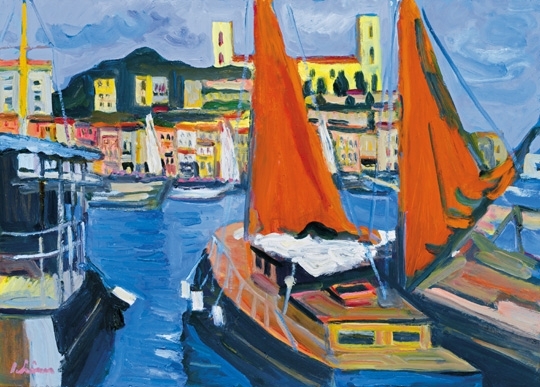 Schéner Mihály (1923-2009) Harbour in Menton (Red sails)