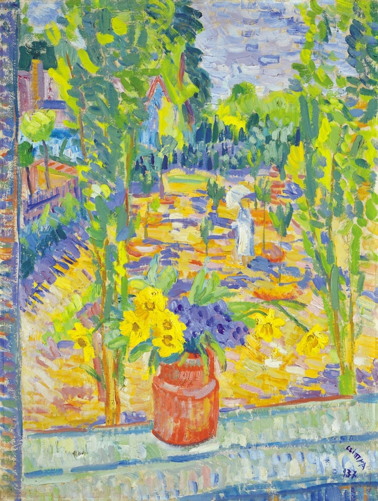 Czimra Gyula (1901-1966) View of the garden from the window, 1937, On the reverse: The artist and his wife