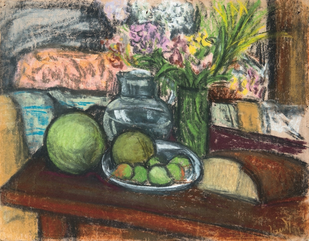 Jándi Dávid (1893-1944) Asztali csendélet gyümölcsökkel és virággal, 1943