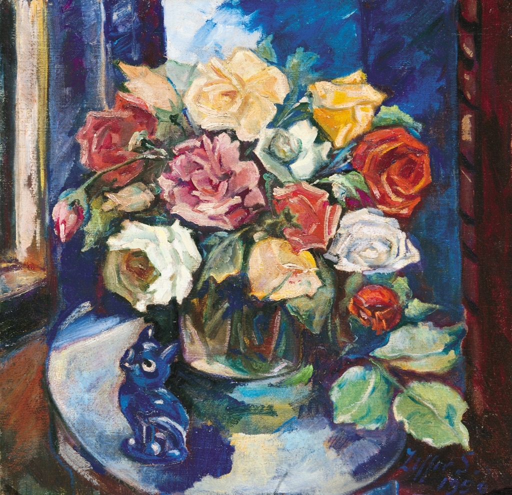 Ziffer Sándor (1880-1962) Still life with flowers and a blue porcelain cat, 1950