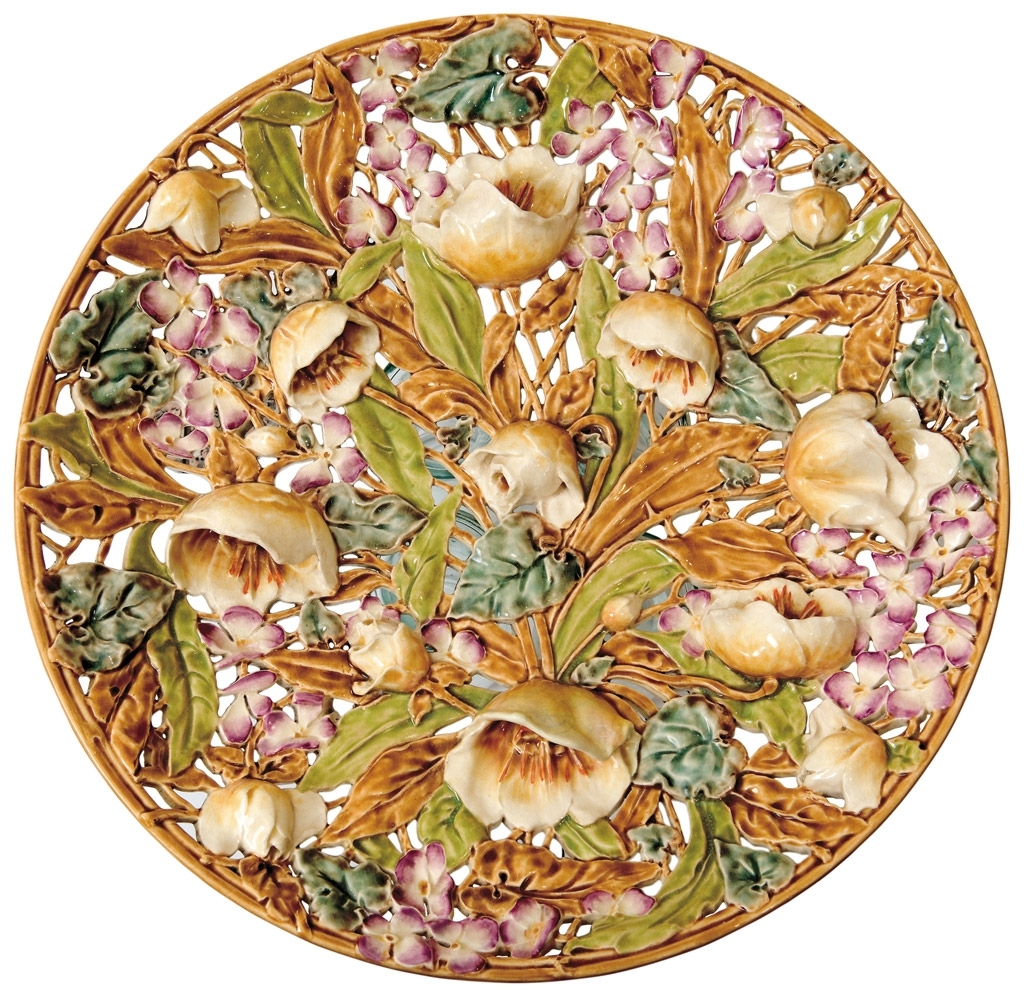 Zsolnay Plate with plastic flowers from the Mauve series, Zsolnay, 1892