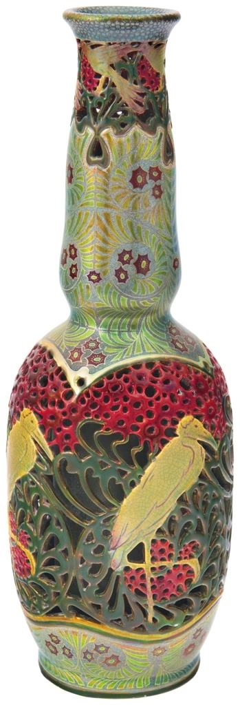 Zsolnay Áttört, gólyás váza, zsolnay, 1905