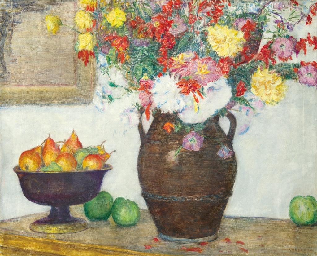 Kunffy Lajos (1869-1962) Still Life with Flowers and Pears, 1936