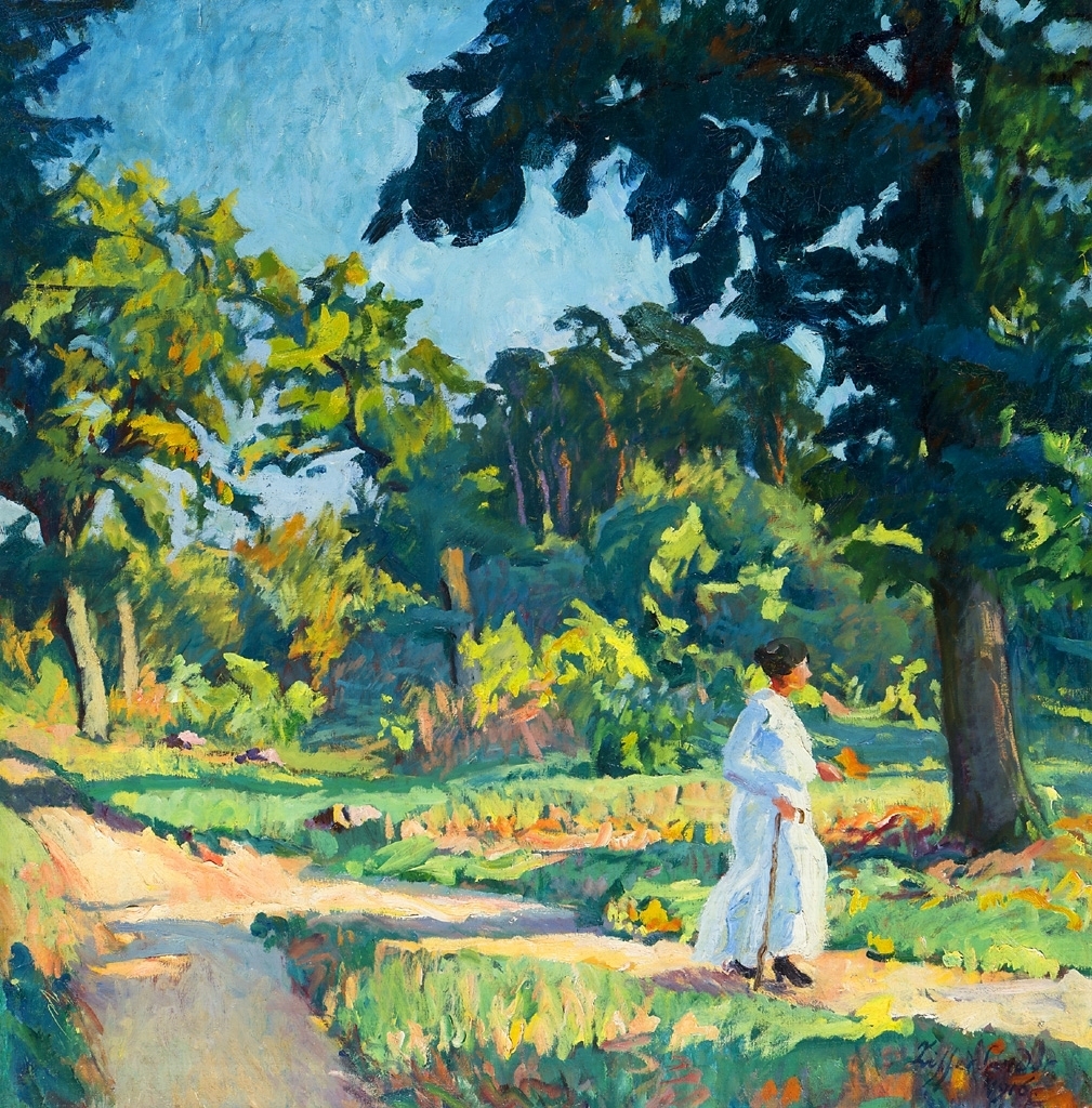 Ziffer Sándor (1880-1962) Fehérruhás nő a parkban, 1916