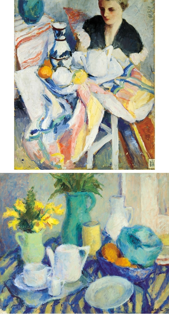 Vass Elemér (1887-1957) Csíkosterítős csendélet, 1933 Hátoldalon: Nő asztalnál
