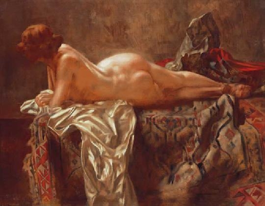 Karlovszky Bertalan (1858-1938) Reclining nude from the back