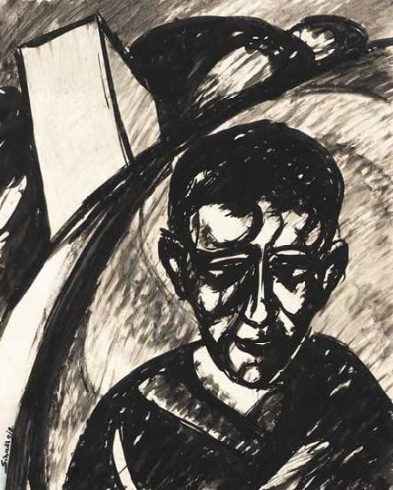 Schadl János (1892-1944) Self-portrait in landscape, 1918