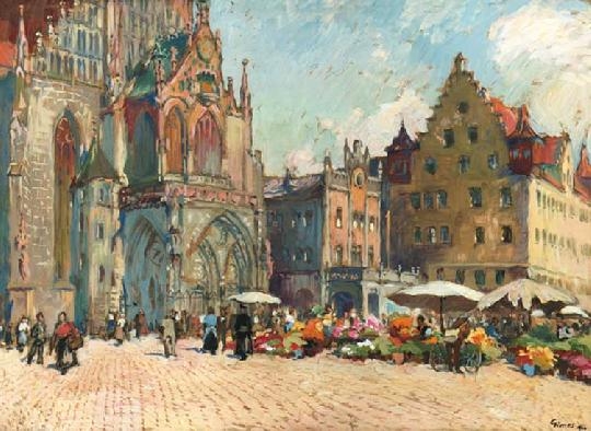 Gimes Lajos (1886-1945) Flower-market in München, 1922