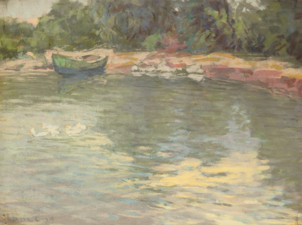 Poll Hugó (1867-1931) Csónak a folyóparton