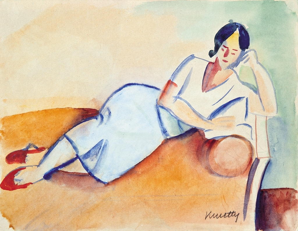 Kmetty János (1889-1975) Girl reading on the sofa, On the reverse: Female head