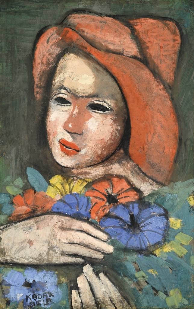 Kádár Béla (1877-1956) Kalapos lány virágokkal