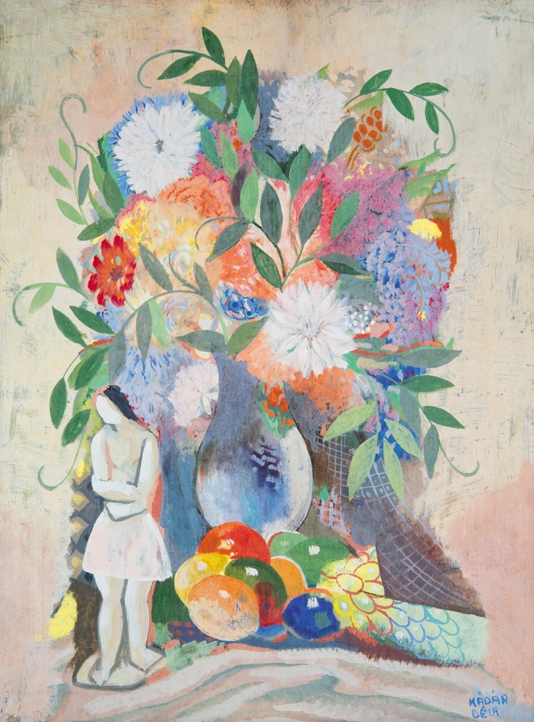 Kádár Béla (1877-1956) Still-life with flowers and statue