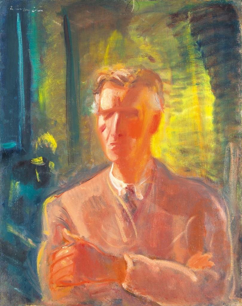 Márffy Ödön (1878-1959) Self-portrait in teh window with a yellow flower, 1940s