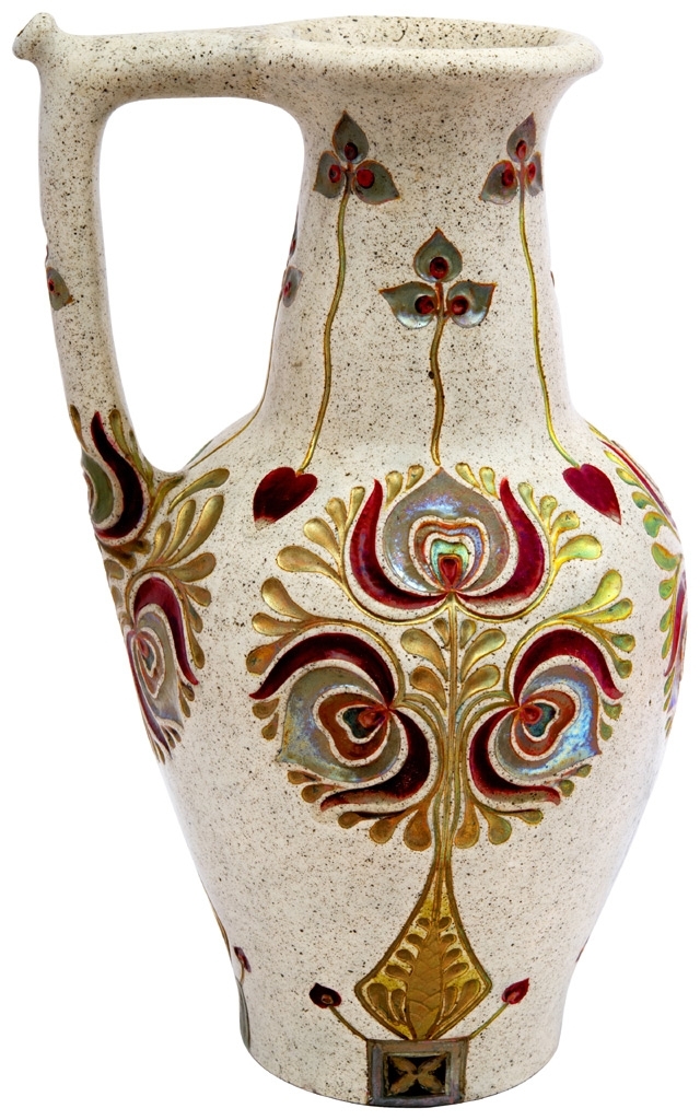 Zsolnay Pitcher with Hungarian embossing motif, Zsolnay, 1903; Form plan and design by: Abáti Abt, Sándor