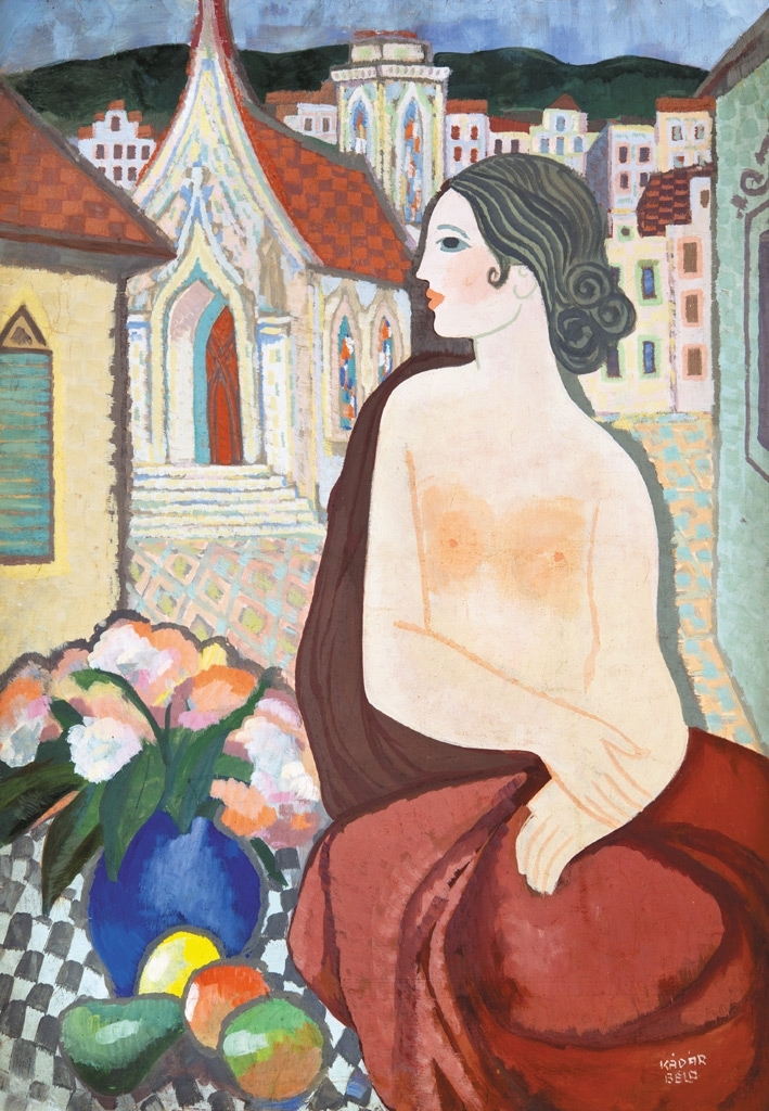 Kádár Béla (1877-1956) Semi-nude among the houses