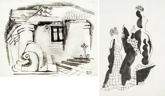 Kádár Béla (1877-1956) Dancers, On the reverse: Porch of a house