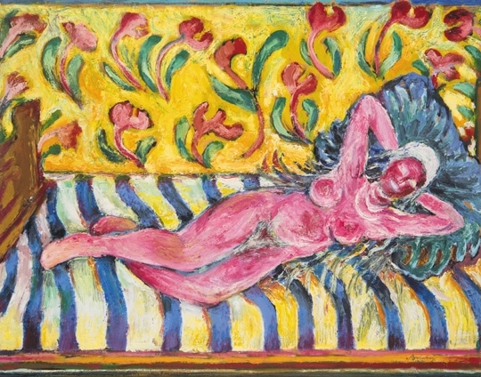 Bolmányi Ferenc (1904-1990) Red nude on a striped sofa, 1952