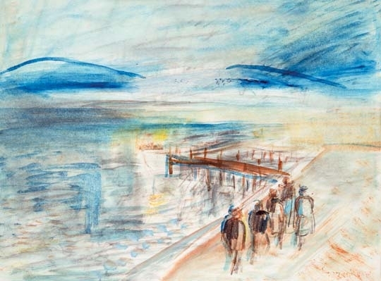 Egry József (1883-1951) Walk on the bank of Balaton (Walkers on the pier)
