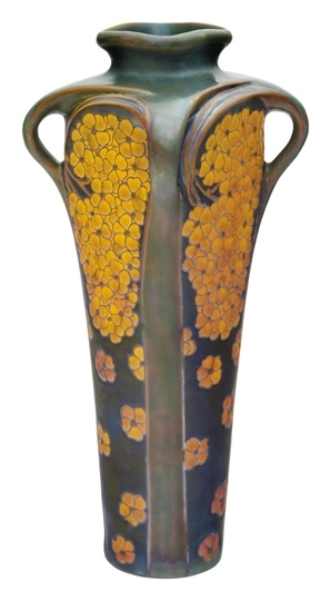 Zsolnay Váza négy plasztikus szárból leágazó virágfürtökkel, Zsolnay, 1900