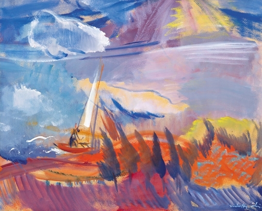 Márffy Ödön (1878-1959) Stormy landscape (Sailboat on Lake Balaton)