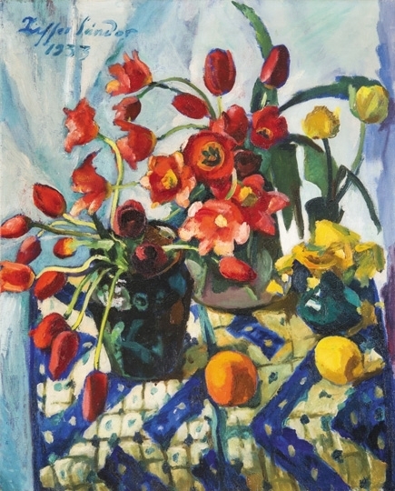 Ziffer Sándor (1880-1962) Tulipános csendélet naranccsal és citrommal, 1933