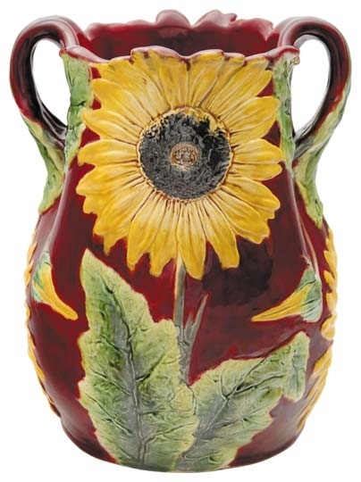 Zsolnay Ceramic plant holder with sunflower, Zsolnay, c.  1900, Form plan by: Kapás Nagy, Mihály