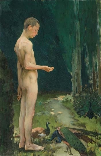 Vaszary János (1867-1939) Boy feeding peacocks, 1901