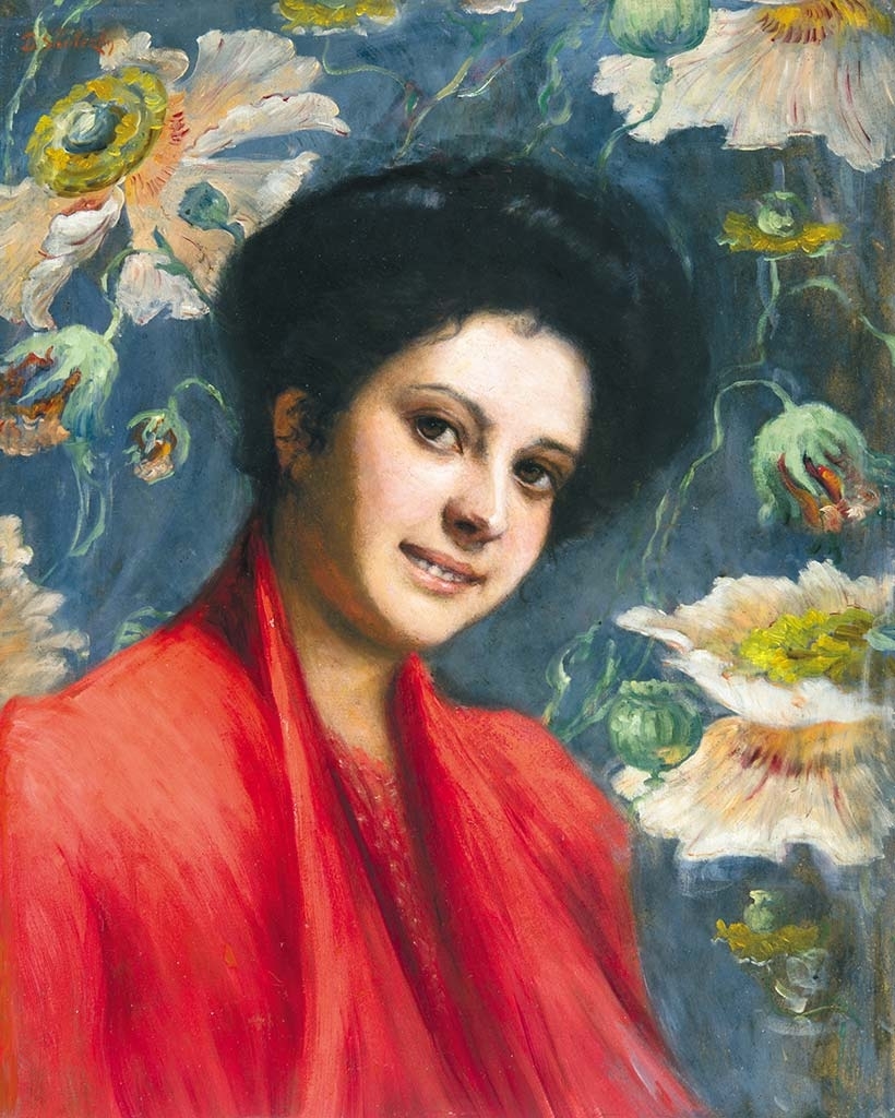 Skuteczky Döme (1850-1921) Girl in Red dress