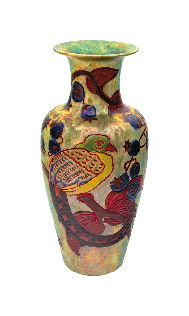 Zsolnay Vase with Bird of Paradise and Medlar-tree branch, Zsolnay, 1902, Design by: Nikelszky, Géza