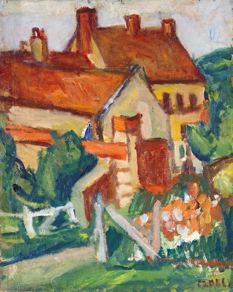 Czóbel Béla (1883-1976) Sárga házak, piros tetők (Tájkép, Gros Rouvre-i házak), 1927
