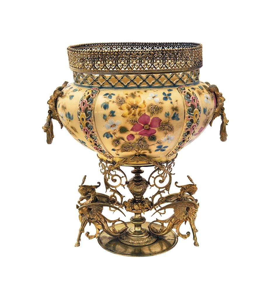 Zsolnay Ceramic plant holder with dog-rose decor, Zsolnay, c. 1880