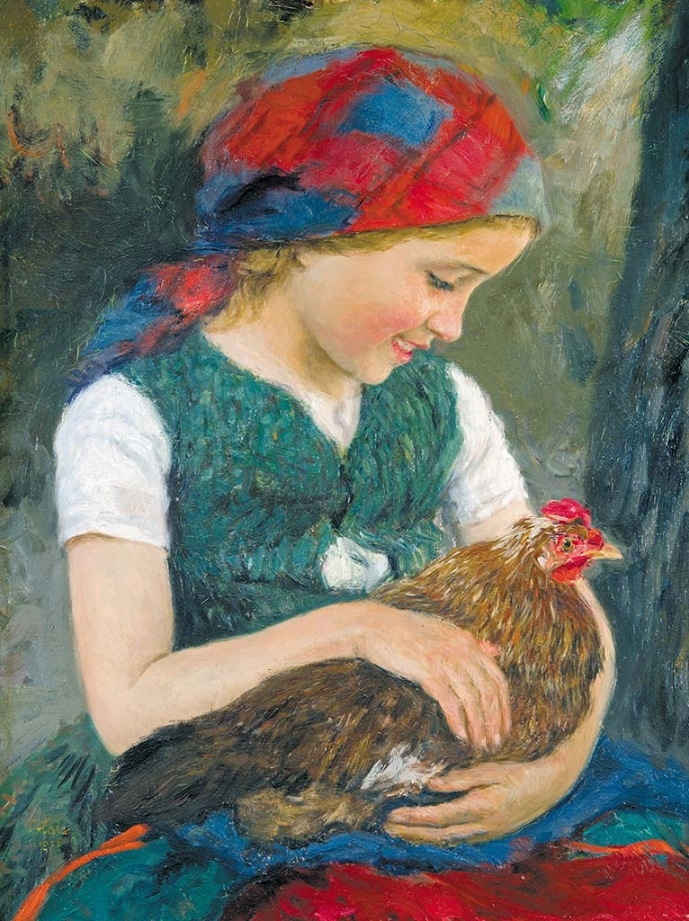 Glatz Oszkár (1872-1958) Girl with a rooster, 1948