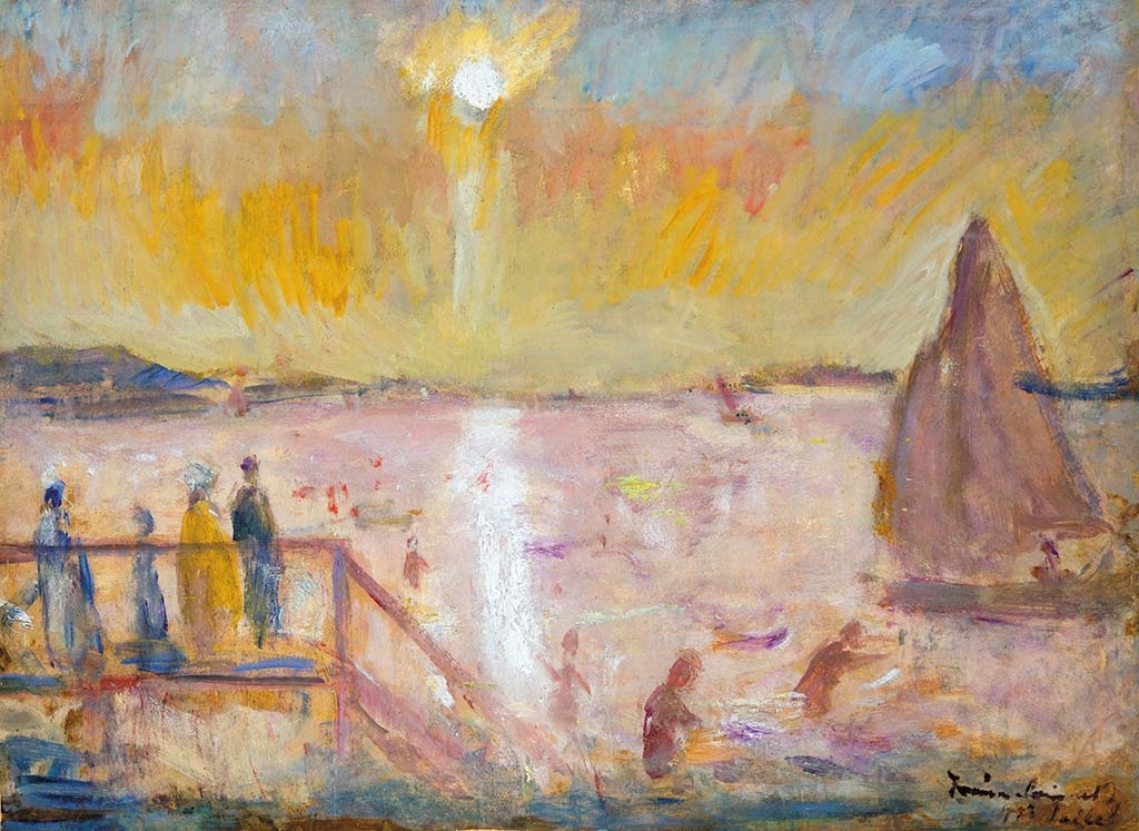 Iványi Grünwald Béla (1867-1940) Balatoni naplemente vitorlásokkal (balatonlelle), 1933