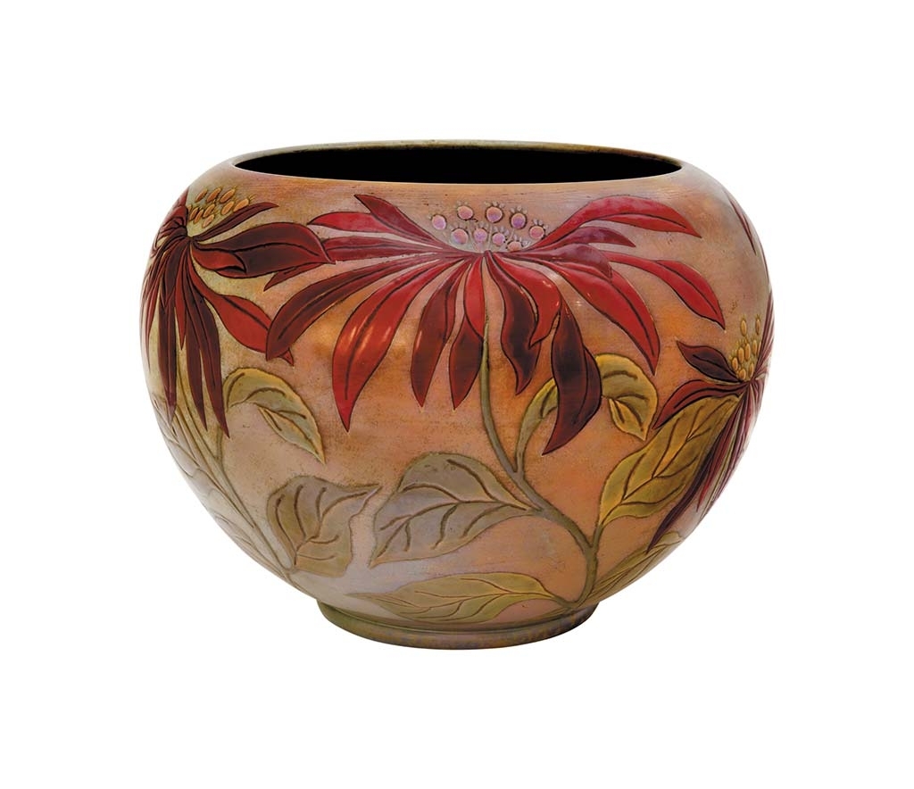 Zsolnay Ceramic Plant holder with Flower decor Zsolnay, 1904