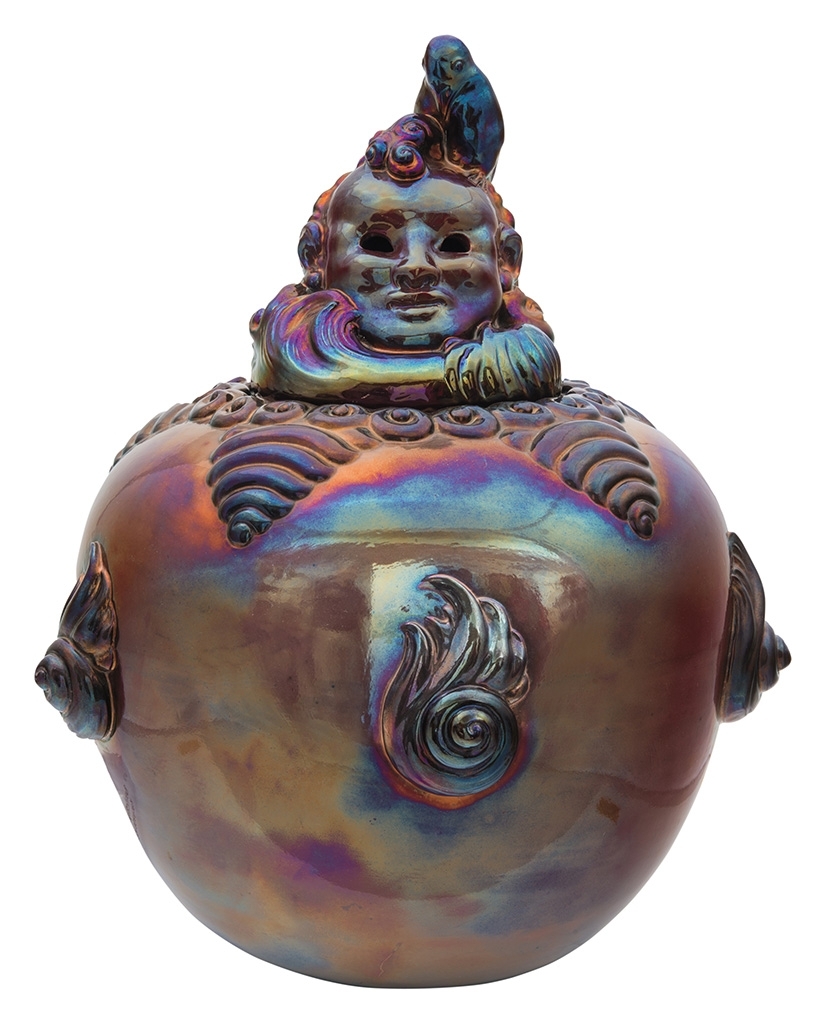 Zsolnay Art-deco globe pot with clown head, 1913  Design by: Mattasovszky Zsolnay, László