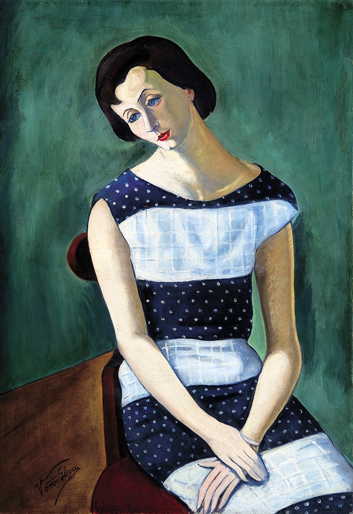 Vörös Géza (1897-1957) Pettyesruhás nő (Női portré, Ülő nő, Fiatal lány pöttyös ruhában), 1933 körül