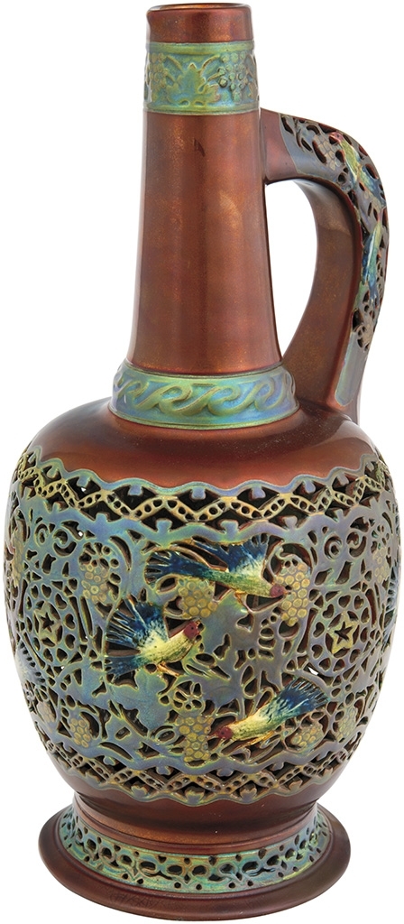 Zsolnay Ornamental vase with bird and traced wall decor, Zsolnay, 1906  Design by: Darilek, Henrik