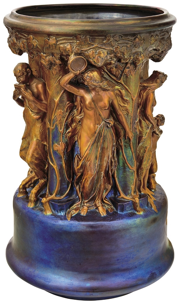 Zsolnay Vase with fauns and nymphs, Zsolnay, c. 1904, Design by: Mack, Lajos