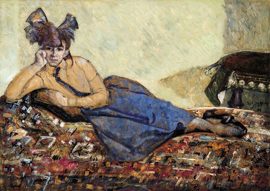 Scheiber Hugó (1873-1950) Lying girl with bow in her hair, beginning of the 1910s