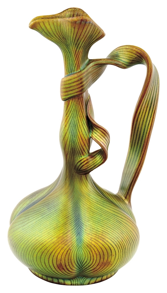 Zsolnay High neck vase with enwinding ribbon handles, Tiffany-decor, Zsolnay, 1898-1899