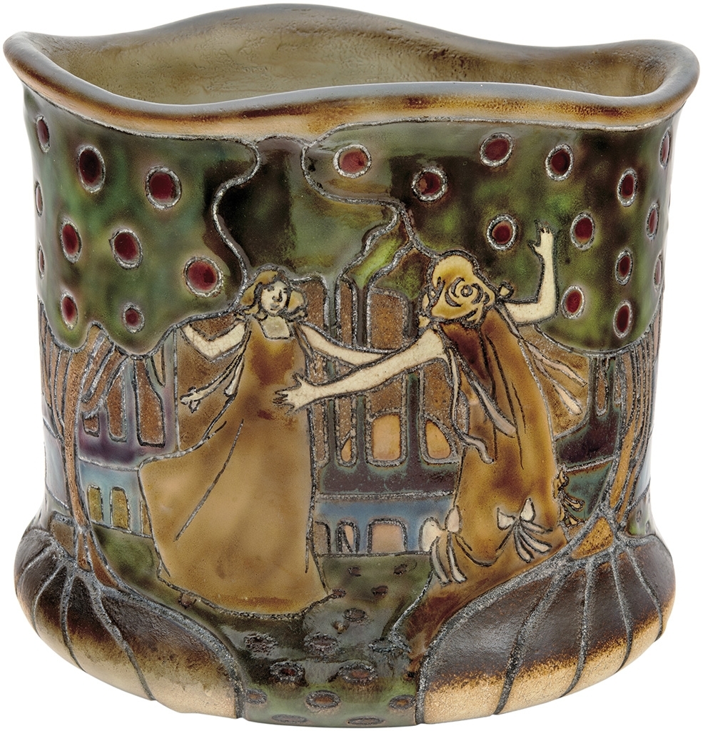 Zsolnay Rose-bowl with female figures playing under the fruit trees, Zsolnay, 1904  Design by: Apáti Abt, Sándor