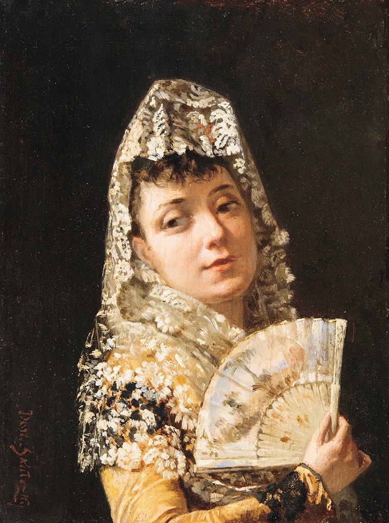 Skuteczky Döme (1850-1921) Fátyolos hölgy legyezővel