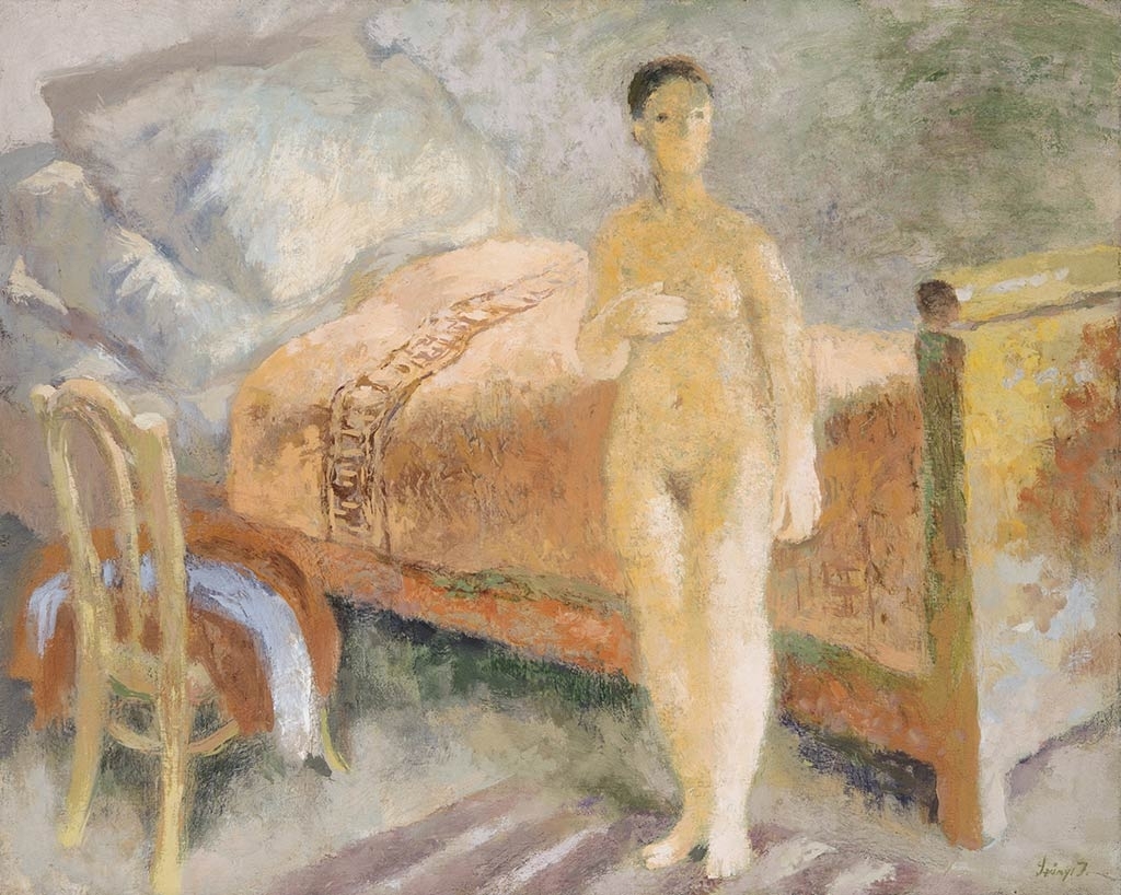 Szőnyi István (1894-1960) Female nude portrait in front of the bed