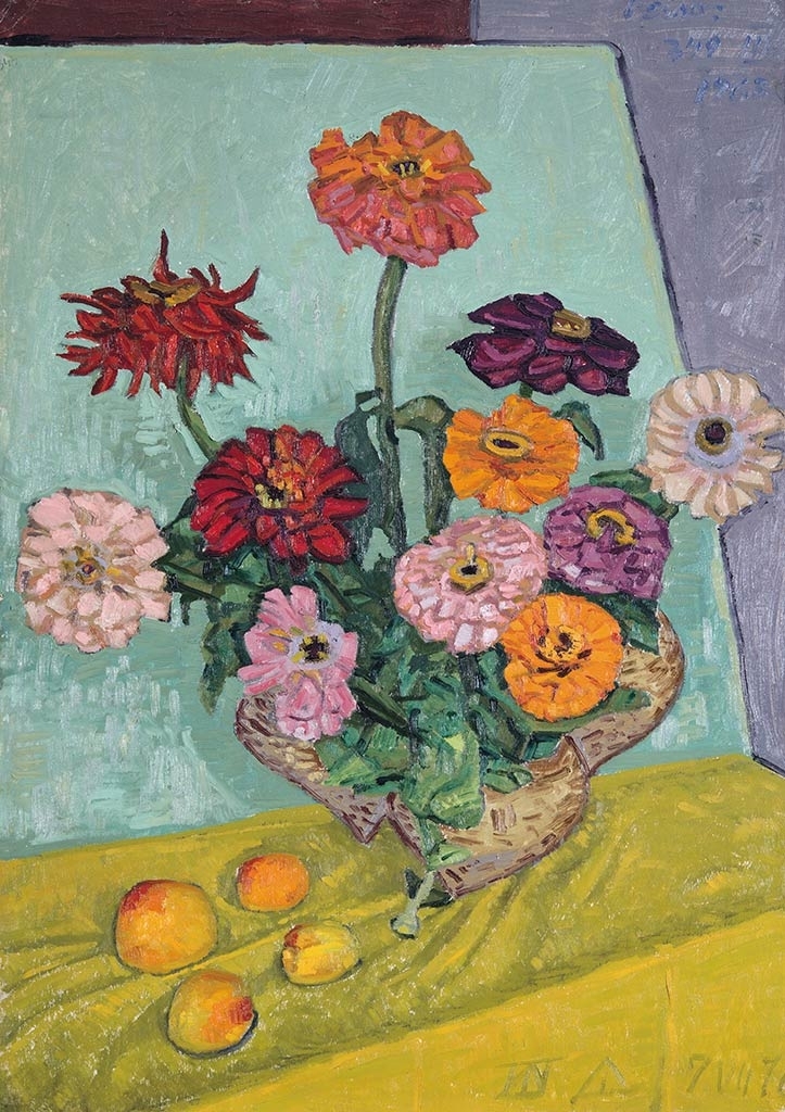 Varga Vasile (1911-?) Csendélet Van Gogh modorában, 1963; Hátoldalon: Tópart