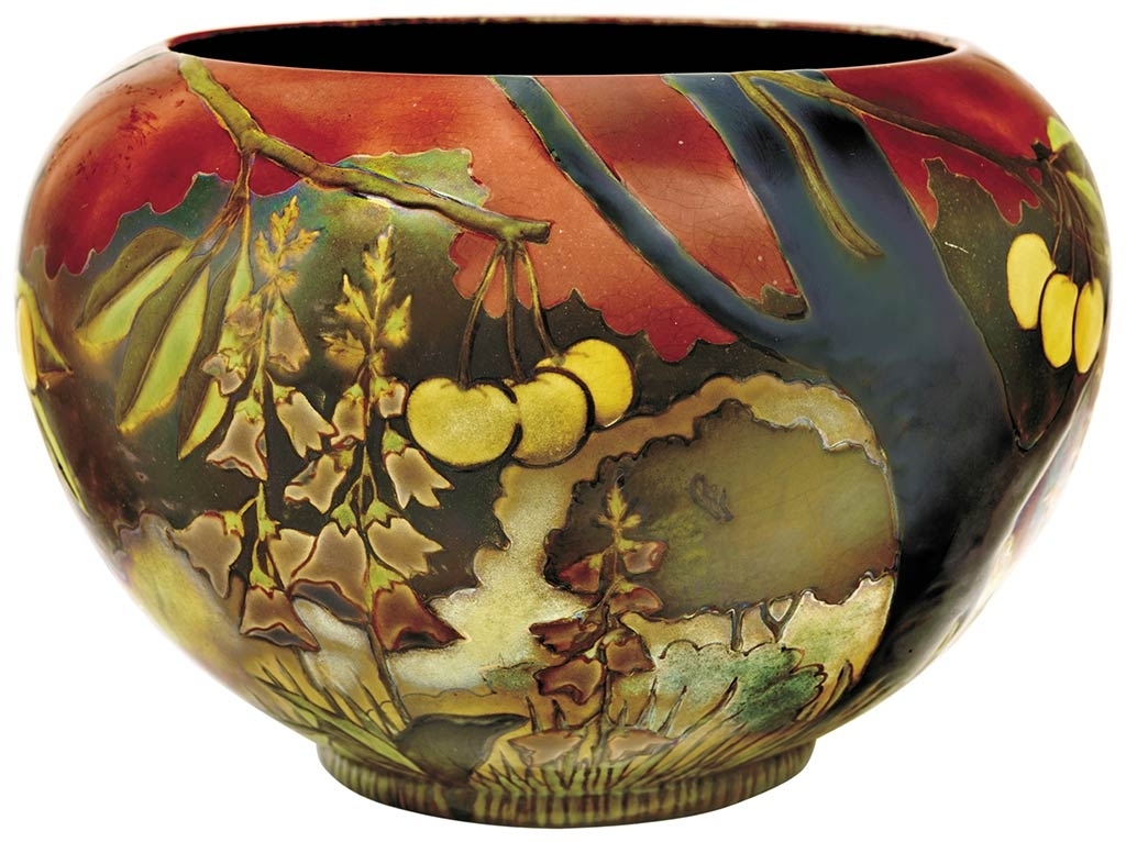 Zsolnay Rose-bowl with Foxglove and Cherry-tree decor, Zsolnay, c. 1905