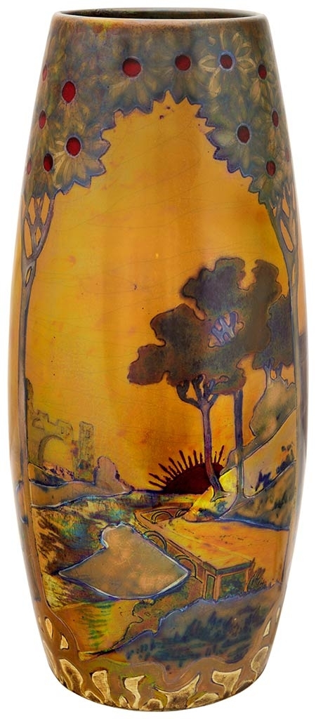 Zsolnay Vase, with the panorama of romantic landscapes, Zsolnay, c.1900