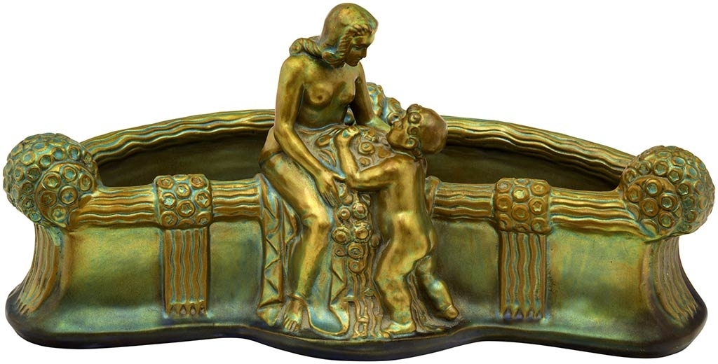 Zsolnay Art Deco bowl, mother with the children, in the manner of Michael Powolony, Zsolnay, c.1910